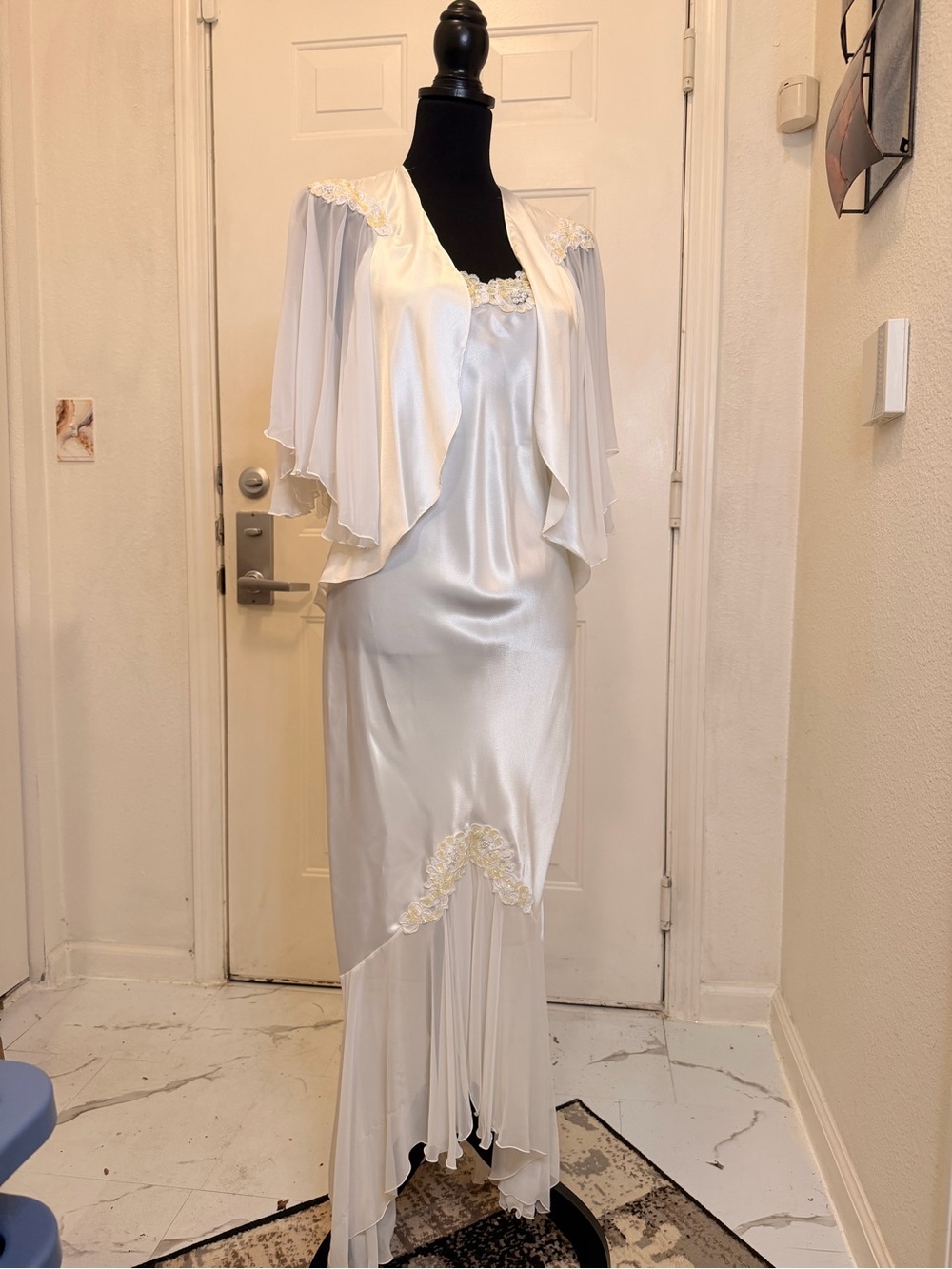 Ivory Satin Two-Piece Bridal Evening Gown with Lace Trim and sheer material